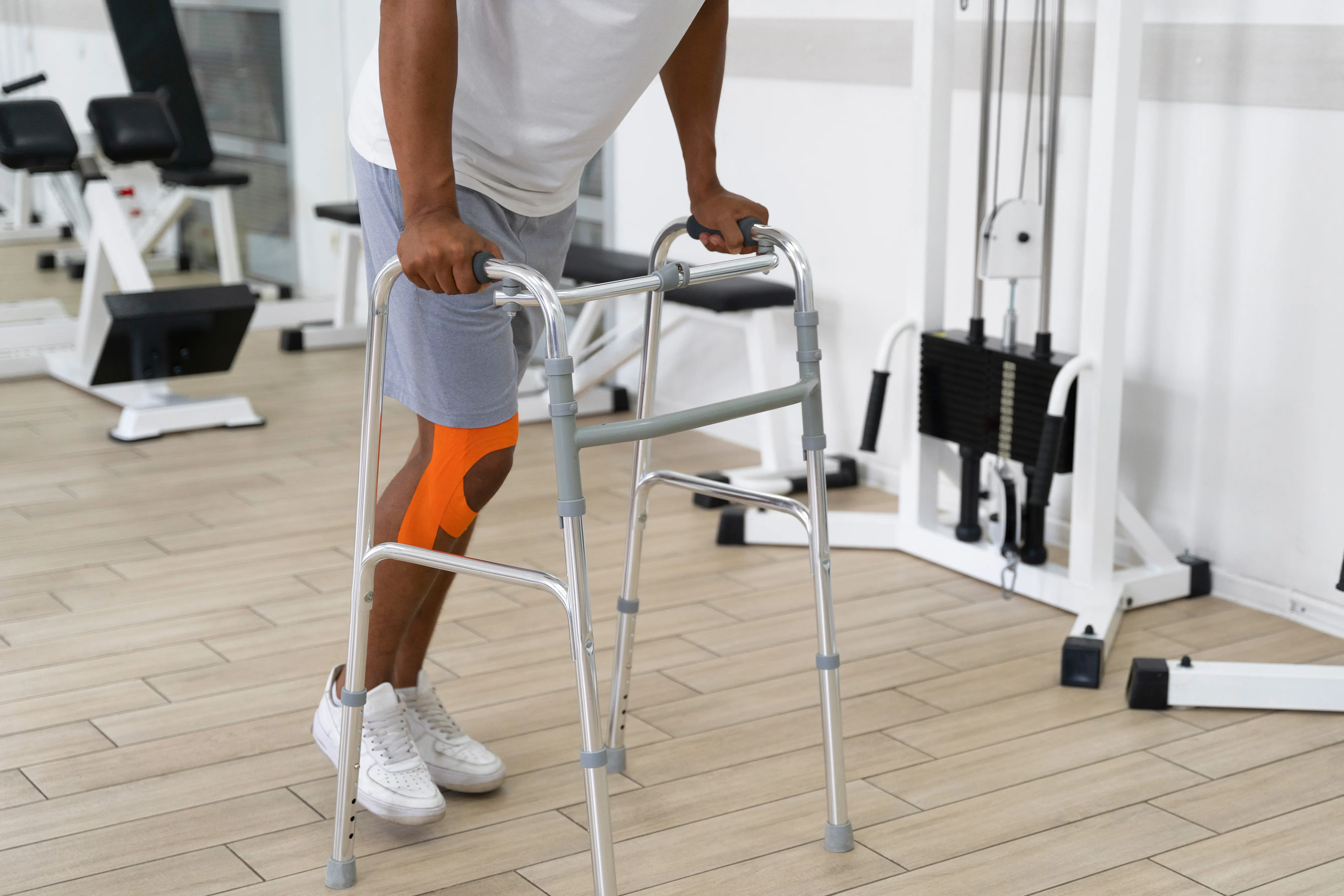 Person using a walking frame during a mobility rehabilitation session